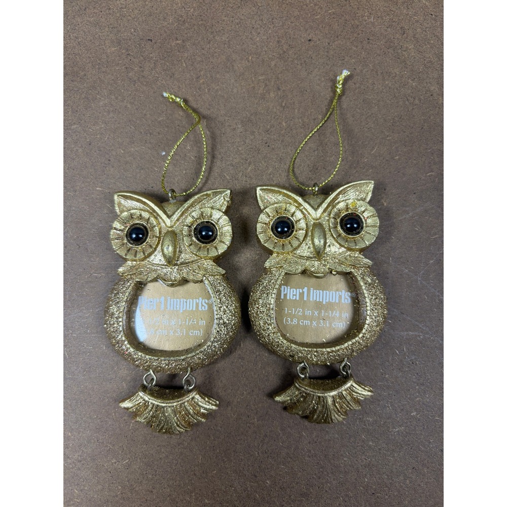 Pier 1 Imports Gold Glitterโ Owl Picture Frame Ornaments Set of 2 Hanging Decor